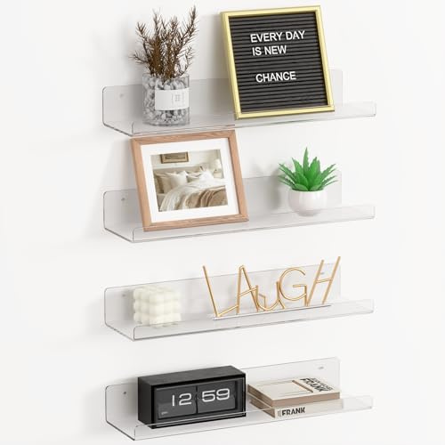RICHER HOUSE 4er Wandregal Ohne Bohren, Transparent Acryl Schweberegal 38cm | Doppelte Befestigung (Kleber oder Schrauben), für Kinderzimmer Schlafzimmer Badezimmer Küche Wohnzimmer Lagerung Organisation