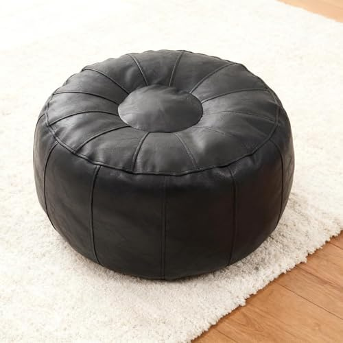 Louis Donné Handmade Leather Pouffe Cover, Unfilled Round Ottoman Footstool, DIY-Fillable Floor Cushion Cover for Living Room, Bedroom & Home Decor, Black ST158, Cover Only