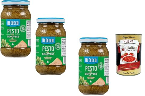 Italian Gourmet Pesto alla Genovese salsa al basilico 3 x 200g Glas Sauce | Servierfertig, con formaggio duro e olio, cremig zu Nudeln, Bruschetta oder, Gesamtnettogewicht 600 g + Kostenlos Polpa 400g