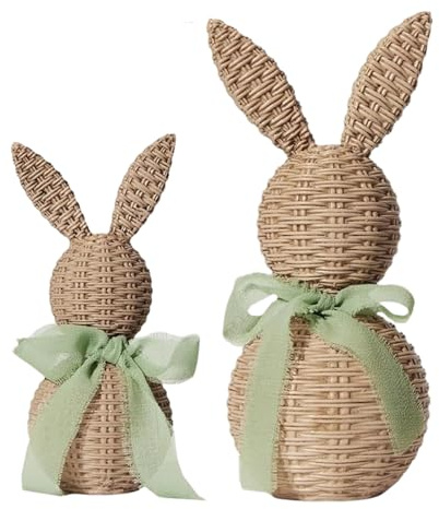 Osterhasen Figuren 2er Set in Rattan-Optik, Dekohasen aus Kunstharz mit Schleife, Große & Kleine Hasenfigur für Frühlingsdeko Landhausstil, Tischdekor Ostern Wohnzimmer Osterdekoration Geschenk