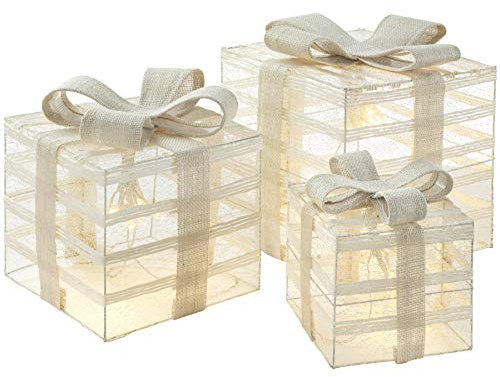 WeRChristmas Pre-Lit Paper String and Gauze Gift Box Set with 42 Warm LED Lights, 15/20/26 cm - White