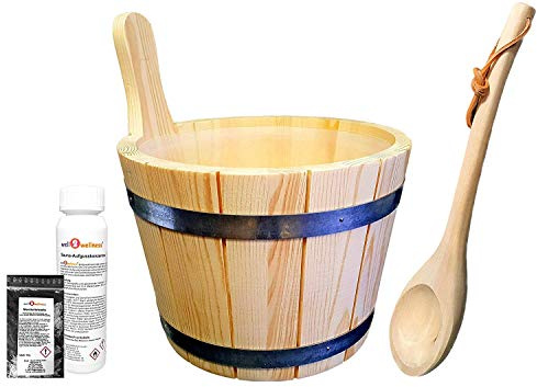 SudoreWell® Saunakübel Set 5-tlg. mit Saunakübel aus Nadelholz 5,0 l inkl. Einsatz + Schöpfkelle plus Mentholkristalle + Saunaaufguss