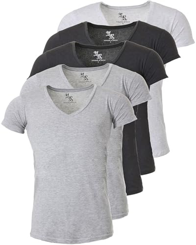 Young & Rich Herren Uni T-Shirt mit extra tiefem V-Ausschnitt Slimfit Stretch Dehnbare Passform einfarbiges Basic Shirt - 5er Pack, Grösse:S, Farbe:2 x Grau / 2 x Dunkelgrau / 1 x Hellgrau