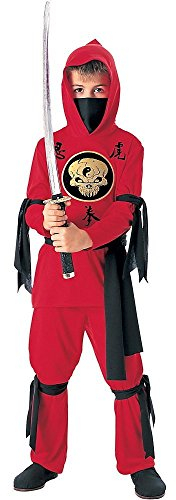 Tante Tina Ninja Verkleidung Kinder - 3-teiliges Ninja Kostüm für Jungen mit langärmligen Kapuzenoberteil, Hose und Gürtel - Rot/Schwarz - Größe M (128) - für Kinder von 5 bis 7