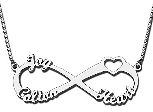Bo&Pao Silver Infinity Name Necklace with Heart, Personalized Necklace with 3 Names
