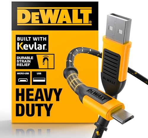 DEWALT Cable USB-A a Micro USB 1,8 m, Cable de Carga Rápida y Sincronización para Android, Cámaras y Dispositivos Micro USB, Cable Resistente Reforzado con Kevlar (Negro)