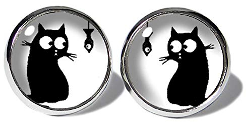 Comic Cat Katzen Ohrstecker ABOUKI Damen Mädchen Kind Kinder Edelstahl Ohrschmuck Motiv schwarze Katze Kätzchen handgefertigte Ohrringe silber-farben