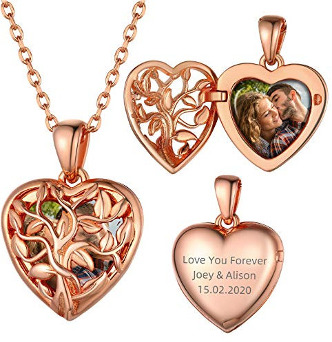 GoldChic Bijoux Cadeau Noël Collier Femme Argent 925 Prénom Personnalisé Pendentif Porte Photo Coeur Gravure Chaine Fille Argent 925 Plaque Medaillon Or Rose Valentin Fête Mères Pères Grâce