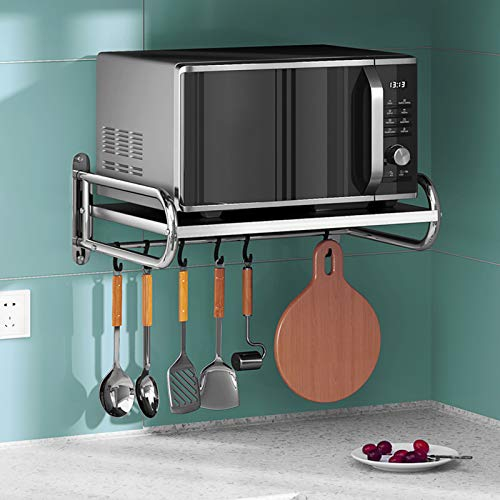 Duchunsheng Microwave Bracket On The Wall - Heavy Duty Stainless Steel Microwave Oven Shelf Easy To Install - For Kitchen Closet Space, Double Layers Hanging Oven Rack Holder With Hooks