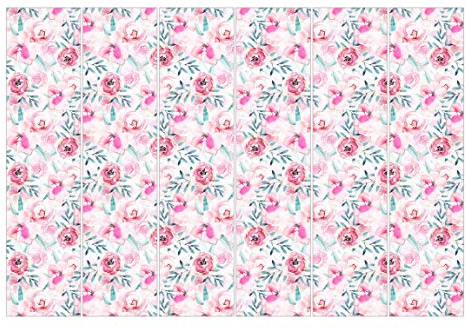 Schiebegardinen Set Aquarell Blumen Pink mit Blauen Blättern 6 Flächenvorhänge 250 x 360cm Deckenhalterung