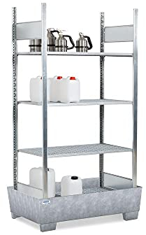 Regal für Gefahrstoffe, 1236 mm x 2100 mm x 816 mm, silber, zur Lagerung von Kleingebinde, 4 verzinkte Gitterroste, mit Bodenwanne aus Stahl