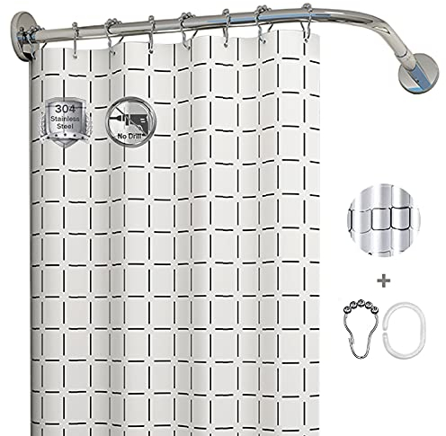 HSGAV Verstellbare L Form Duschvorhangstange Ohne Bohren,Ausziehbare Eckduschstange,Badewannenvorhangstange Stangenstange Für Badezimmer Badewanne,Mit Duschvorhang Und Haken,75~95cm x 120~165cm