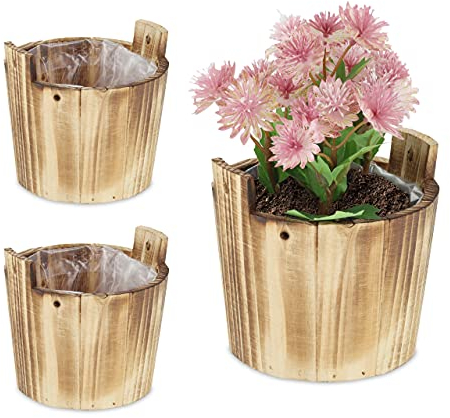 Relaxdays Fioriere in Legno, Set 3 Portavasi per Balcone & Davanzale, Vasi in Corteccia, 11,5 x 13,5 x 13 cm, Naturale