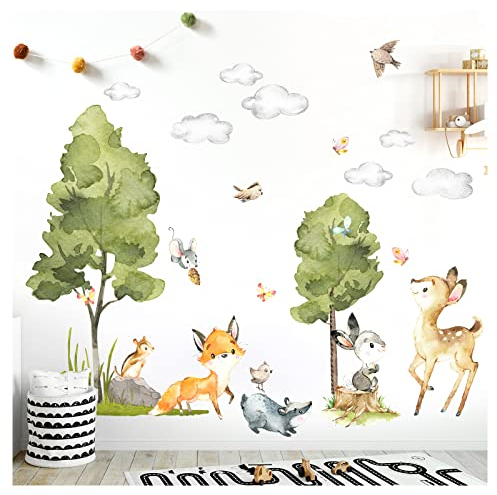 Grandora Waldtiere Wandtattoo für Kinderzimmer Babyzimmer Wandsticker Fuchs REH Baum Wandaufkleber Wanddeko Wandbild M - 71 x 58 cm (BxH) DL761