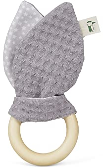 GRÜNSPECHT Greifring mit Stoffohren, Holzring mit waschbaren Stoffohren aus 100% Baumwolle, für Greifsinn & Tastsinn, Geschenk Spielzeug Baby, grau (571-V1)