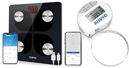 RENPHO USB Rechargeable Smart Body Fat Scales, Digital Bathroom Weighing Scale Bluetooth Scale with Baby Mode & Body Tape Measure with Smart App, Bluetooth Measuring Tapes