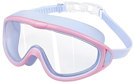 SWAUSWAUK Gafas Natacion Niñas 4 a 12 Años - Gafas Piscina Niñas Lente Grande Impermeable Antivaho (Rosa y Azul Claro1, Transparente)