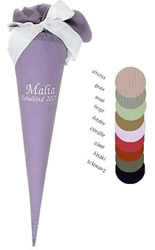 Glückspilz Musselin Schultüte mit Namen personalisiert, nostalgische Zuckertüte aus Stoff genäht, FLIEDER