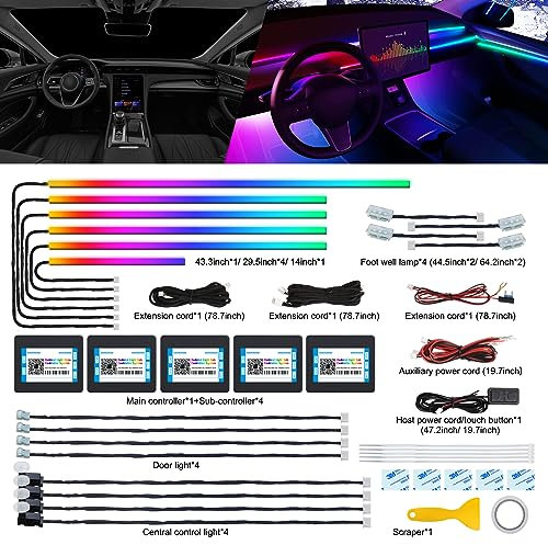 Dreamcolor Acrylic Interior Car LED Strip Light with Wireless APP, RGB 18 in 1 with 175 inches 600 LEDs Fiber Optic Car Ambient Lighting Kits, Dual zone Sound Active Function LED Strip for Car