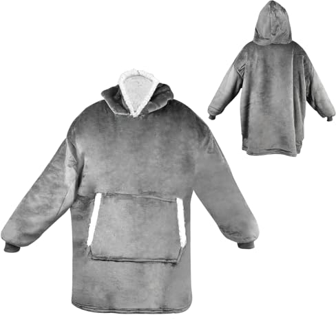 CAREDGO Übergroße Hoodie Sweatshirt Blanket Sweatshirt Grau Oversized Sweatshirt Blanket unisex Weich Flanell Oversized Kuscheldecke mit Taschen Giant Sweatshirt Hoodie Decke mit Ärmeln zum Anziehen