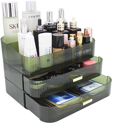 Womanht Makeup Organizer with 2 Drawers, Cosmetics Organizer for Bedroom and Bathroom Vanity Countertops, Large Capacity Cosmetic Storage Box for Skincare Cream Perfume Lipstick Dresser Counter-Green