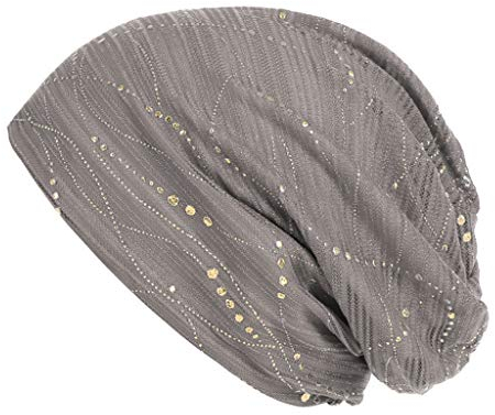 Strass Steine Nieten Jersey Baumwolle elastisches Long Slouch Beanie Damen Mütze Chemo Mütze Sommer (Grey, One Size)