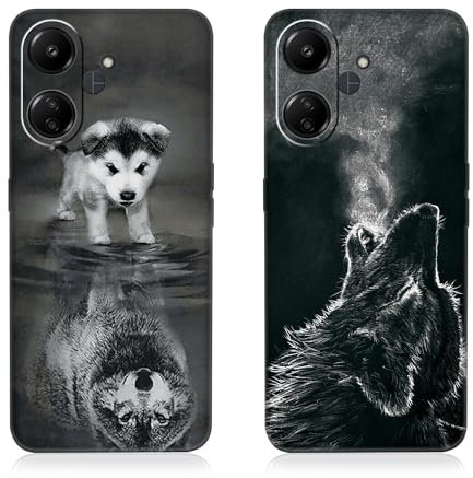 DiaryTown 2 Pièces Coque pour Xiaomi Redmi 13C 4G Étui en Noir Silicone Souple Case Cover avec Animal Motif Mince TPU Bumper Antichoc Protection Housse pour Redmi 13C 5G / Poco C65, Chien & Loup