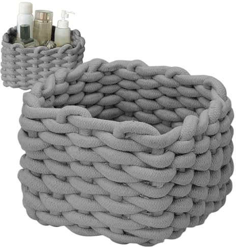 Storage Baskets, Fabric Basket Organisers, Woven Rope Small Wicker Baskets for Home Bathroom Accessories (Grey)