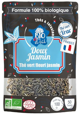 Bio d’Ici - Thé Vert Bio au Jasmin - Floral et Rafraîchissant - Fabriqué en France - 100g, Feuille en vrac