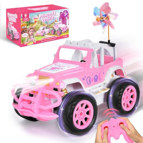 Joellfuner Voiture Télécommandée, Jouet Radiocommandée Truck Tout Terrain pour Enfants, Jeep Rose Voiture Phare LED, Cadeau RC Voiture Jouet pour Filles 6-12 Ans