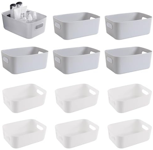GAOHAN 12Pcs Plastic Storage Basket with Handles, Plastic Storage Boxes Small,Mini Storage Boxes Rectangle,for Shelves, Kitchen, Office, Fridge, Bathroom and Home
