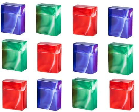 Lot de 12 boîtes à cigarettes en plastique - 32 cigarettes par boîte - Rouge, bleu, vert marbré - Bords arrondis - Légères et compactes - 90 x 70 x 40 mm