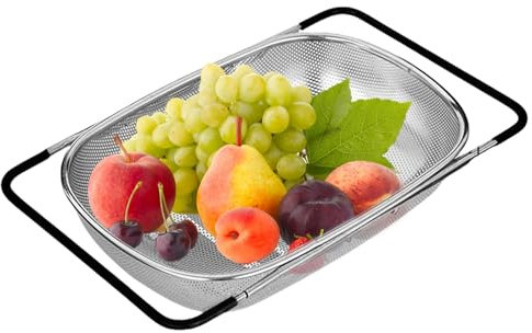 Scolapasta per lavello in acciaio inox | Scolapasta per lavello allungabile | Cesto per scolapasta per scolare e risciacquare verdure, frutta e pasta, colino per lavello