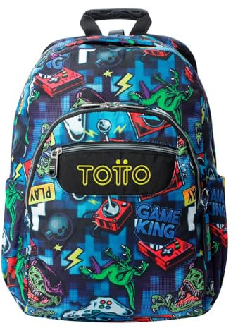 TOTTO - Mochila Escolar Adaptable a Carro, Modelo Acuareles, Capacidad 20 L, Bolsillo Pc 14, Bolsillos Botella, Espaldar Ergonómico con Flujo de Aire, Cómodas Correas en S, Estampado Gamertag Azul
