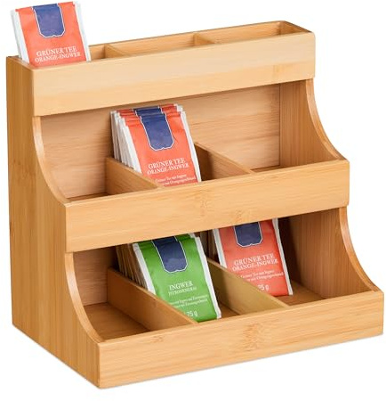 Relaxdays Tee Organizer, 9 Fächer, aus Bambus, HxBxT: 24 x 26 x 17,5 cm, Tee & Kaffeepads, Teeregal vertikal, Natur