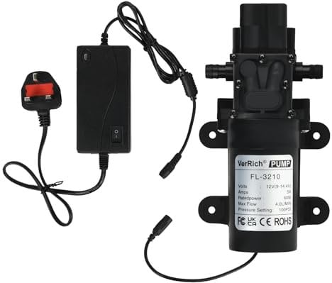 VerRich DC 12V Water Pump with Power Supply Adaptor 116PSI High Pressure Diaphragm Pump with Pressure Switch 4LPM 1GPM with 2 Adjustable Hose Clamp for Water taps,Motorhome,RV