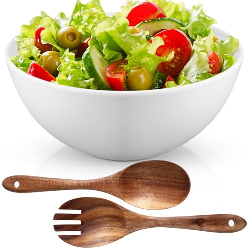 LOYIM Extra Large Ceramic Salad Bowl Set with Acacia Wood Salad Serving Utensils 10 Serving Bowl Set Mixing Bowl for Salad Preparing Pasta Popcorn Chips Fruit Vegetables
