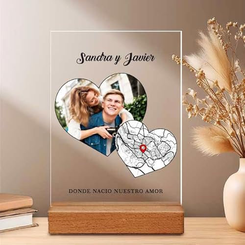 Transparent Gift Placa Personalizada con Fotos, Ubicación y Texto Mapa Corazón. Regalos Personalizados para San Valentín. Placa de Metacrilato. Decoración. Regalos para Novios Novias. Cuadro con foto.