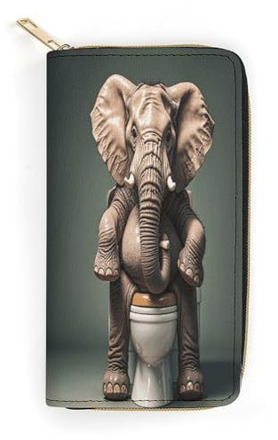 Elephant Sitting on The Toilet Slim Thin Credit Card Wallet, PU Leather Bifold Cash Wallet, Zipper Coin Pocket Id Window Wallet Storage Bag Wallet Coin Purse Pouch Change Holder Small with Zipper for