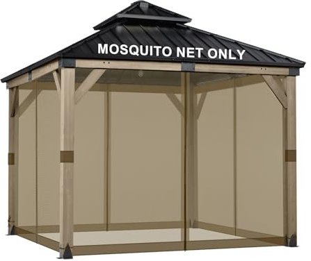 BPS Pavillon, universeller Ersatz für Moskitonetz, 3 x 3 m, 4 Paneele Sichtschutzwände mit Doppelreißverschlüssen für den Außenbereich, Terrasse, Braun (nur Moskitonetz)