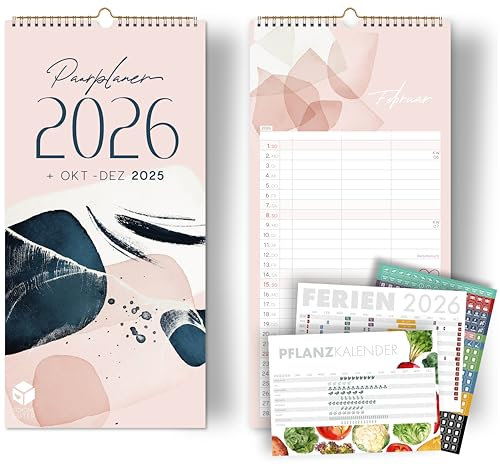 Paarkalender 2026 PASTELL 3 Spalten Planer für Zwei 2026 Wandkalender Paare 16x32,5cm Partnerkalender 2026 plus STICKER Recycling Urlaub, plus Okt-Dez 2025, plus Gemüsekalender Wasserfarben Rosa Blau