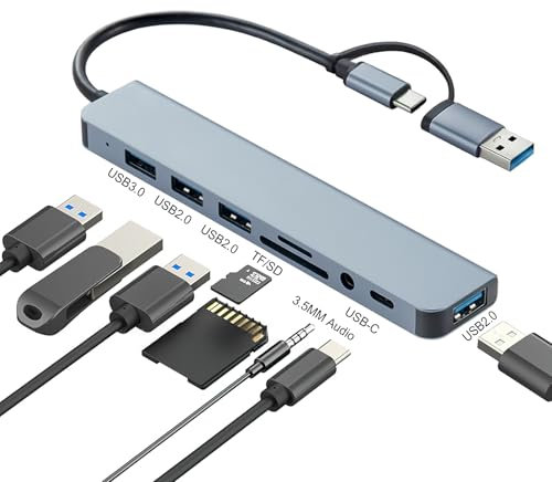 Adaptador USB C Hub 3.0, 8 en 2 USB 3.0 y 3 puertos USB 2.0, lector de tarjetas SD/TF, 100 W PD y conector de auriculares de 3,5 mm – Adaptador portátil para MacBook, iPad, Galaxy y dispositivos