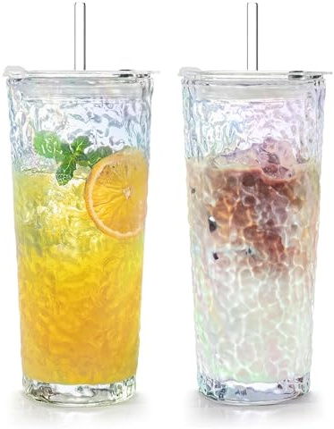 Puraville 2 Pack 550ml 18oz Glass Cups with Lids and Straws, Vintage Glacier Pattern Thickened Glassware for Whiskey Cocktail Beer, Mason Jar Drinking Glasses Tumbler Iced Coffee Cup, Rainbow