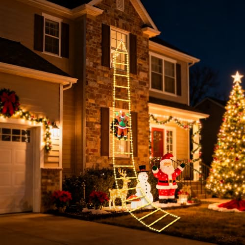 Lysumurl 9.9Ft Christmas Decorative Ladder Lights, Warm White LED Christmas Light with Climbing Santa Claus, 8 Modes, Timers, IP44 Waterproof Indoor & Outdoor Garden & Xmas Tree Decorations Lights