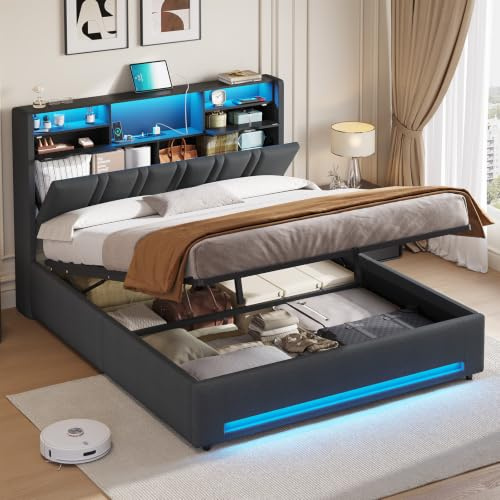 DICTAC Bett 160x200 Grau mit LED und USB-C – Polsterbett mit Bettkasten, Hydraulik, Stauraum 30cm, inkl. Lattenrost, gepolstertes Kopfteil mit Ladestation, Doppelbett für Erwachsene