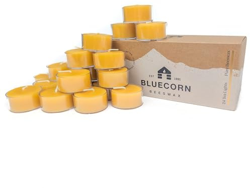 Bluecorn Beeswax Tea Light Candles, Raw Yellow, Clear Cups, 24 Pack