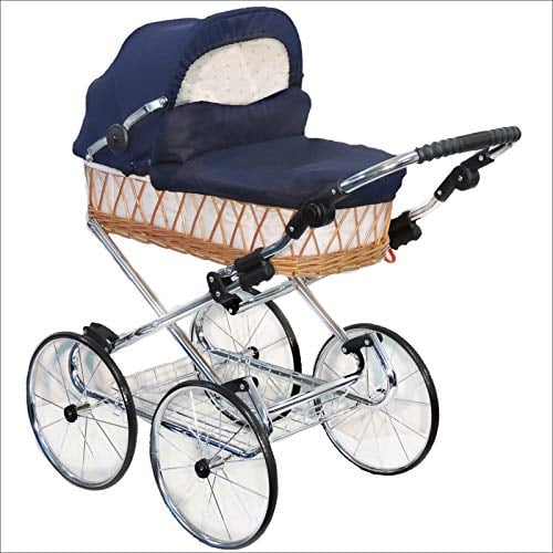 EICHHORN Kinderwagen Weidenkorb Puppenwagen Retro-Spielzeugklassiker (Korb Natur, Stoff Marineblau)