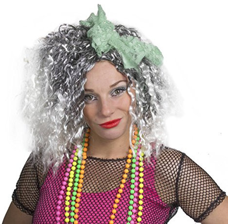 80s STIL POP DIVA PERÜCKE MIT 5 VERSCHIEDENEN HAARSCHLEIFEN= KRAUSE SCHULTERLANGE WEIß/GRAUE PERÜCKE ERHALTBAR MIT DEN HAARBÄNDERN IN DEN FARBEN = SCHWARZ-- GRÜN--ORANGE--ROSA--WEIß FARBENDEN HAA