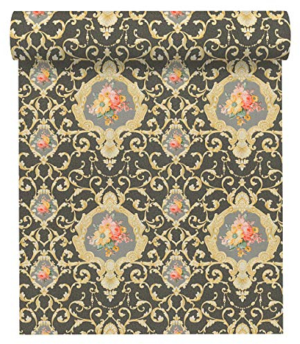 A.S. Création Papier peint intissé Chateau 5 - Avec ornements baroques - 10,05 x 0,53 m - Coloré noir métallisé - Fabriqué en Allemagne - 343916 34391-6