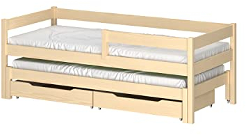 WNM Group Kinderbett JULA mit Rausfallschutz und Lattenrost - Bett mit Schubladen - Jugendbett - Gebleichte Eiche - 180x80/170x70 cm